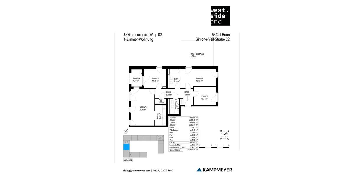 Etagenwohnung Bonn Dransdorf - 4 Zimmer, 109 m&sup2;, 1.655&euro; | Angebot:26195752