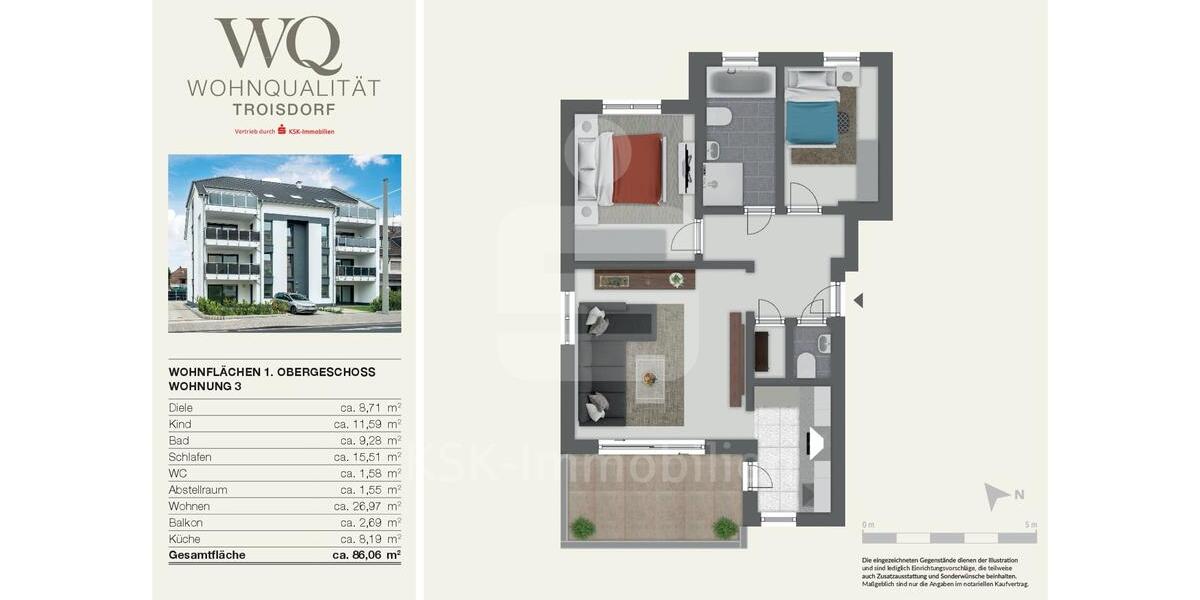 Etagenwohnung Troisdorf Altenrath - 3 Zimmer, 86 m&sup2;, 1.350&euro; | Angebot:25921785