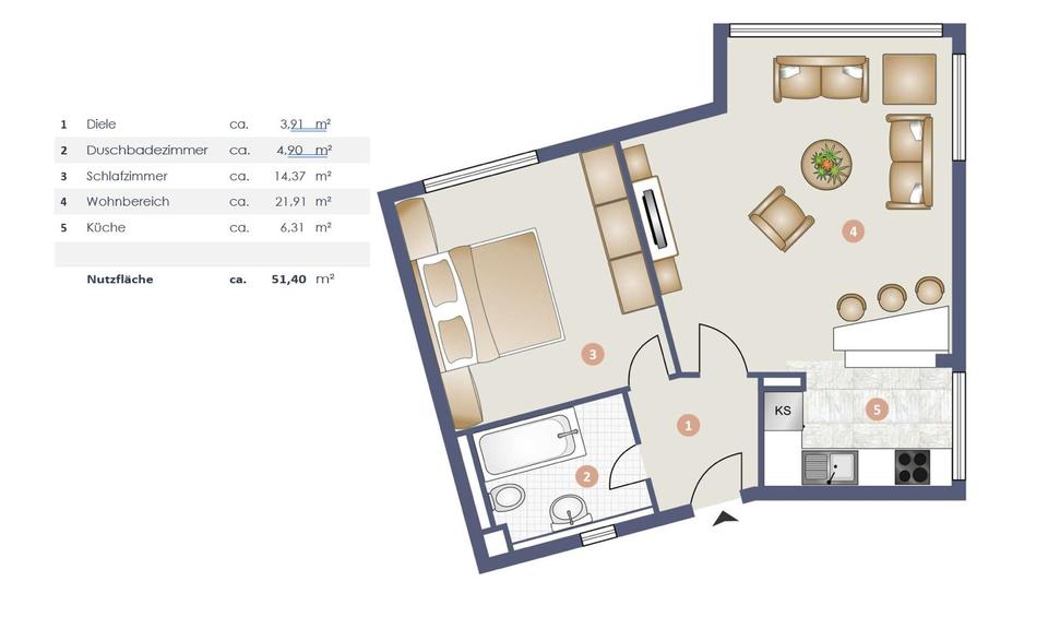 Etagenwohnung Köln Innenstadt - 2 Zimmer, 51 m&sup2;, 1.132&euro; | Angebot:25978183