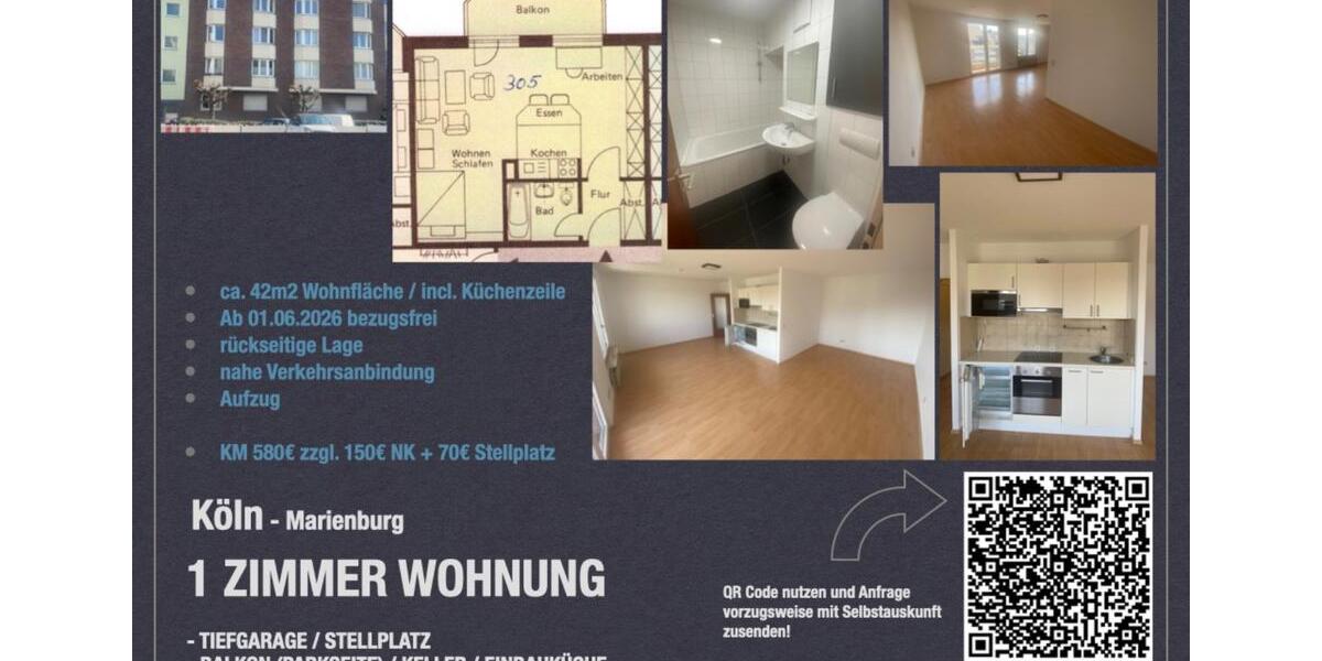 Etagenwohnung Köln Rodenkirchen - 1 Zimmer, 42 m&sup2;, 580&euro; | Angebot:25923397