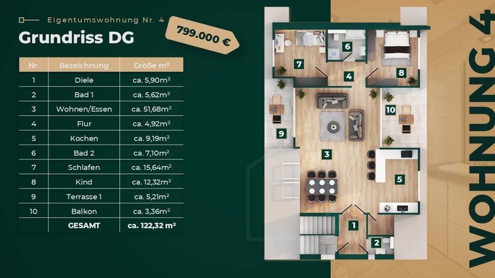 Etagenwohnung Bonn Dottendorf - 3 Zimmer, 122 m&sup2;, 799.000&euro; | Angebot:26078295