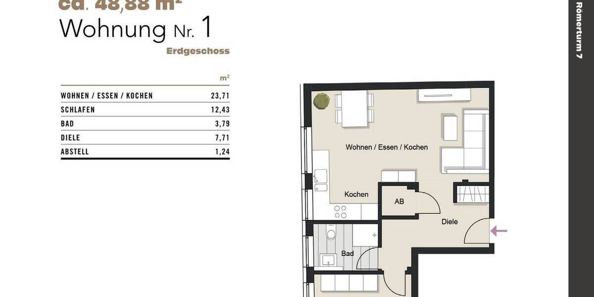 Etagenwohnung Köln Altstadt-Nord - 2 Zimmer, 48 m&sup2;, 339.000&euro; | Angebot:25729910
