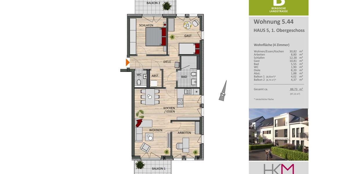 Etagenwohnung Leverkusen Schlebusch - 4 Zimmer, 89 m&sup2;, 1.460&euro; | Angebot:25404119